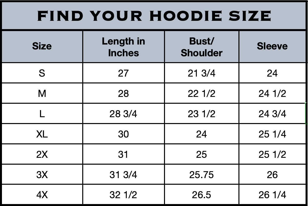 A size chart for a hoodie