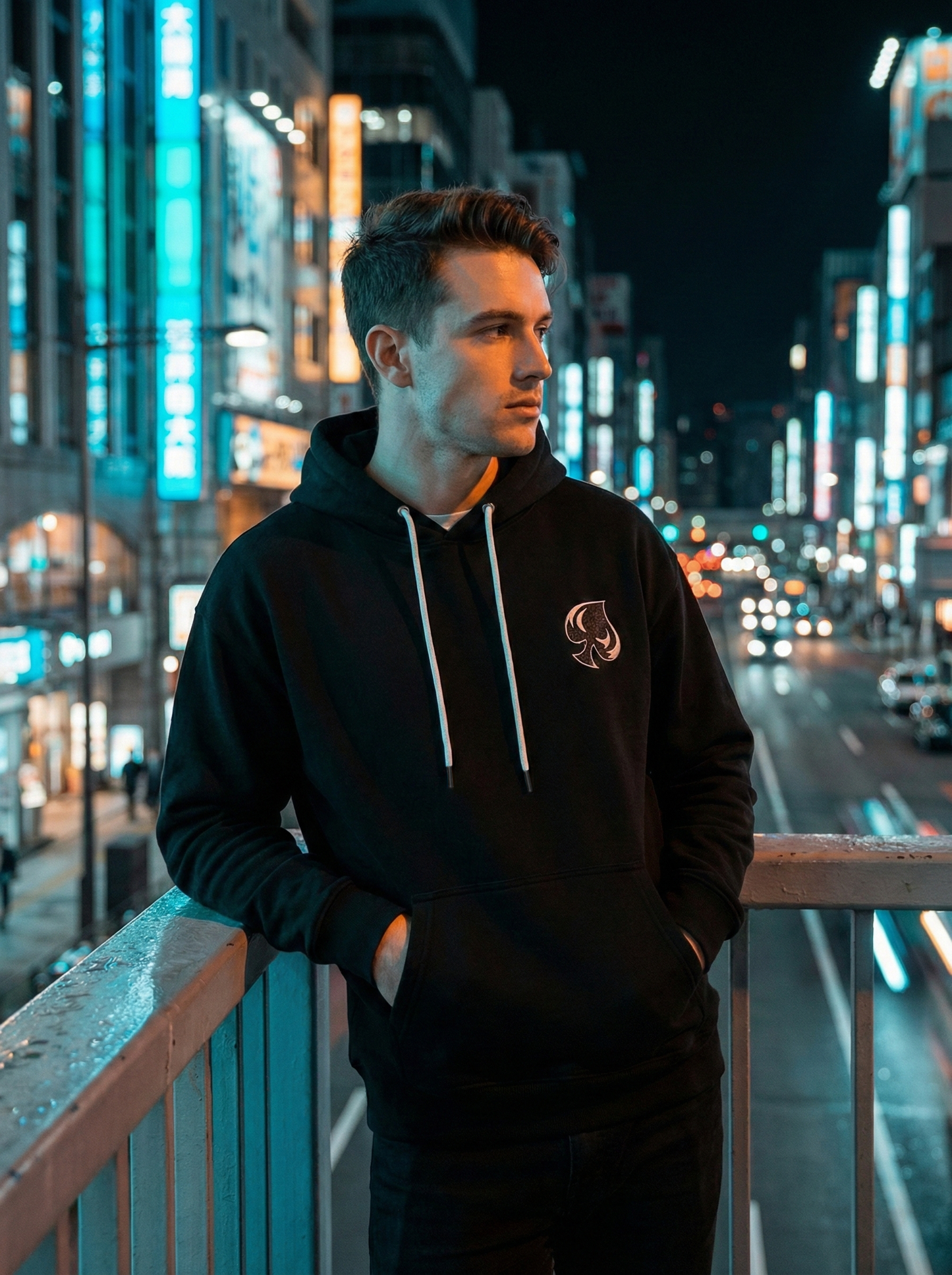AI generated picture of a man wearing a hoodie in a city