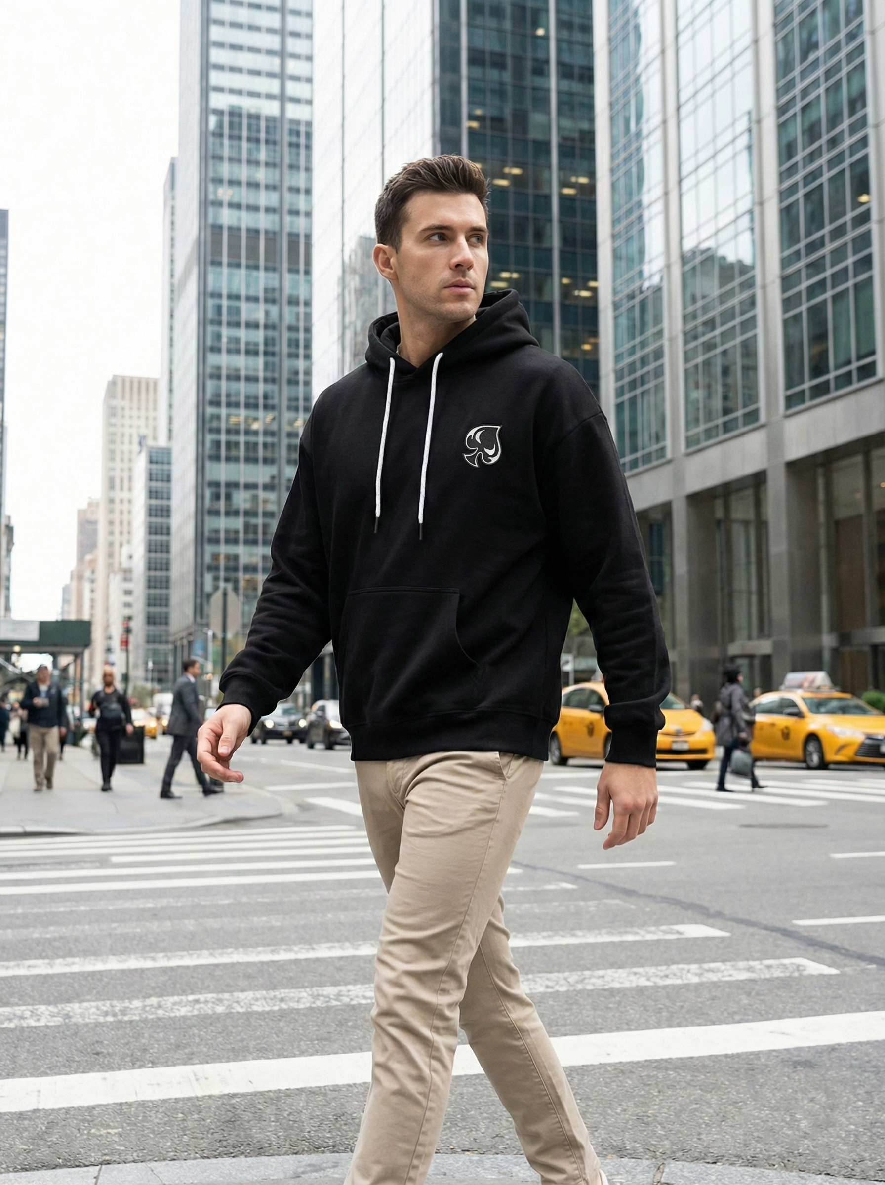 AI generated picture of a man wearing a hoodie walking through the city