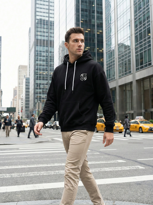 AI generated picture of a man wearing a hoodie walking through the city