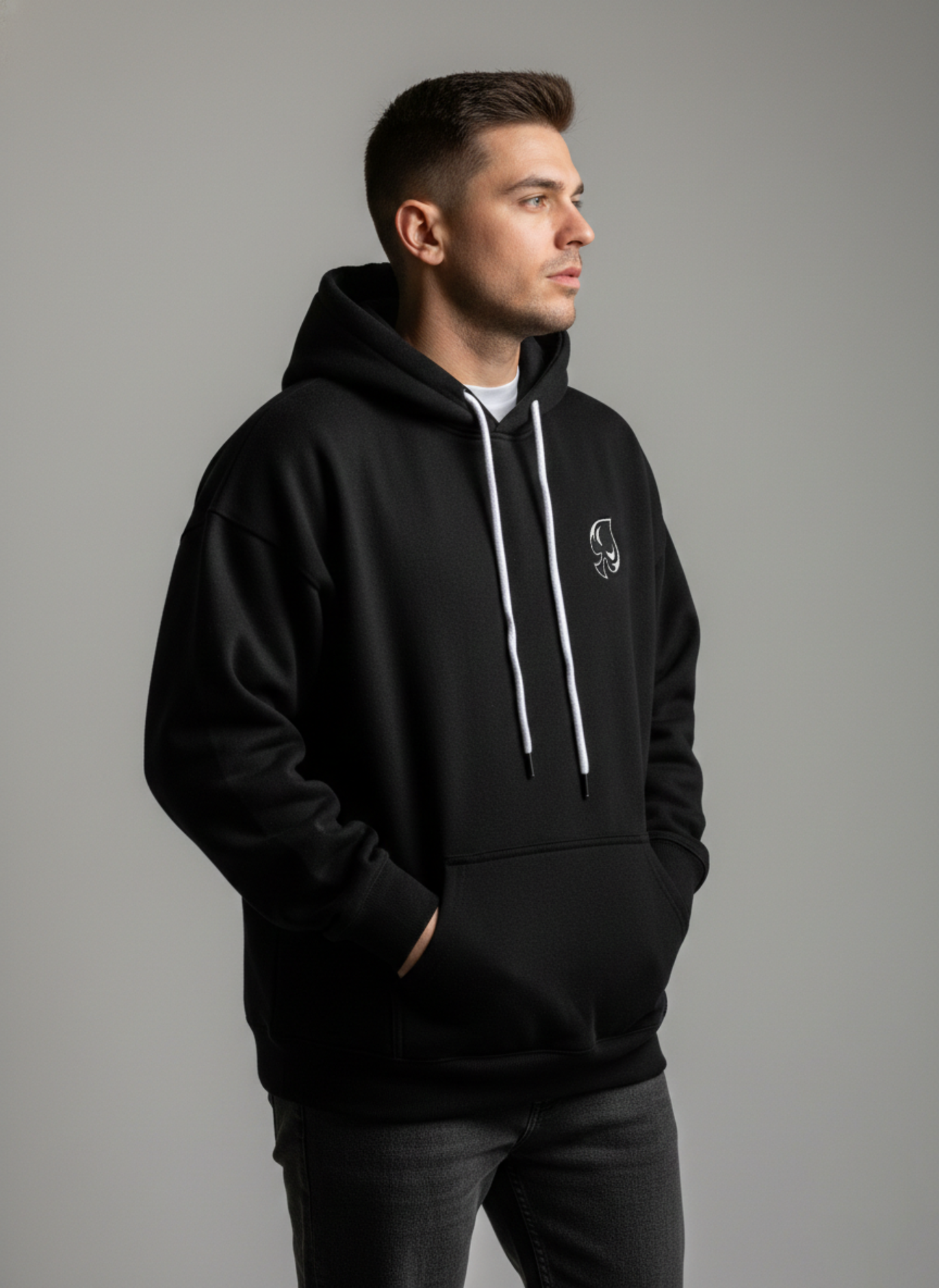 AI generated picture of a man wearing a hoodie in a studio