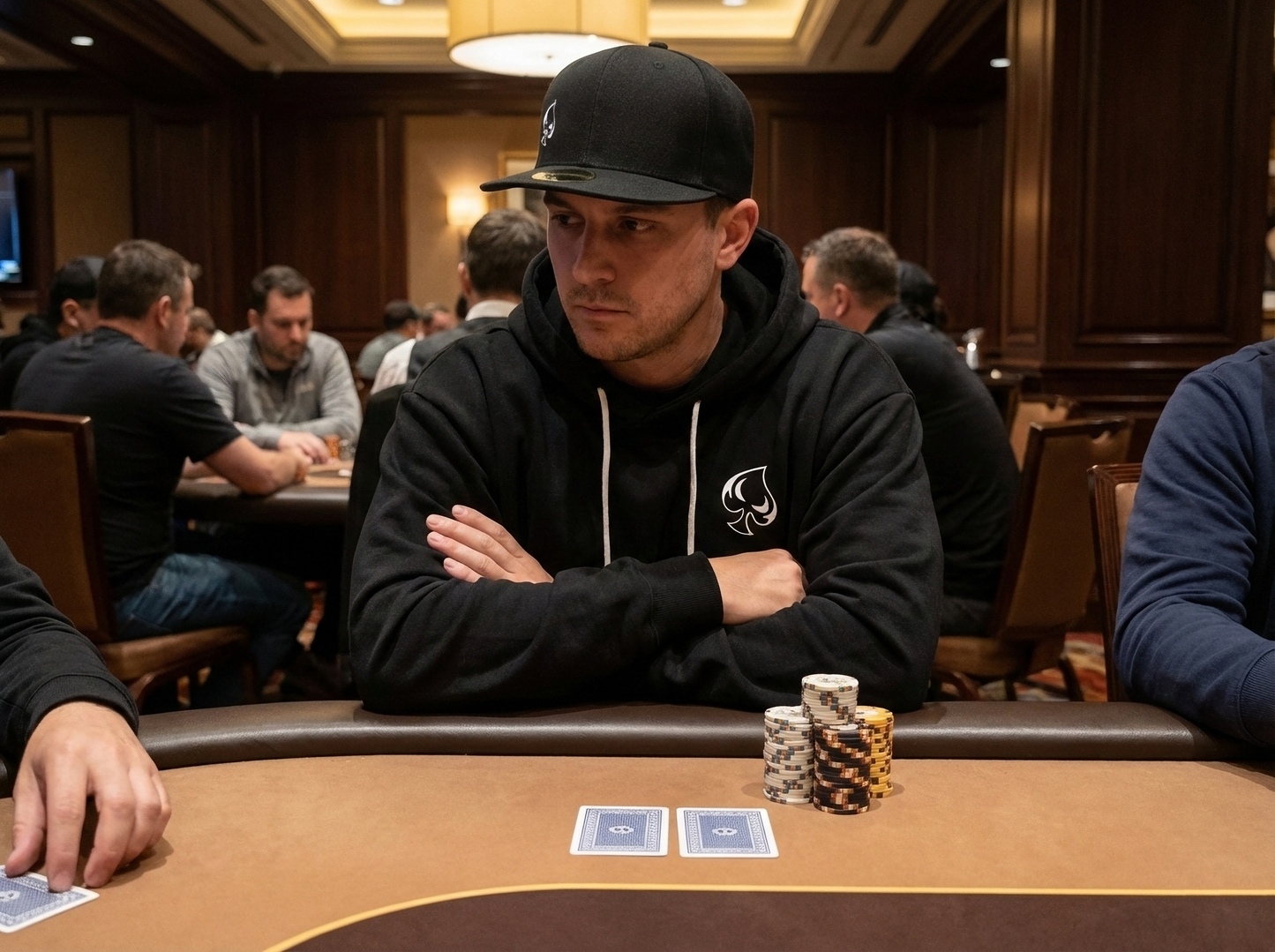 AI generated picture of a man wearing a hoodie in a cardroom
