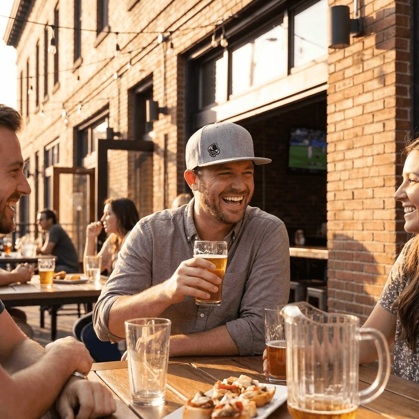 Ai generated picture of a man wearing a heather gray hat with a spade logo