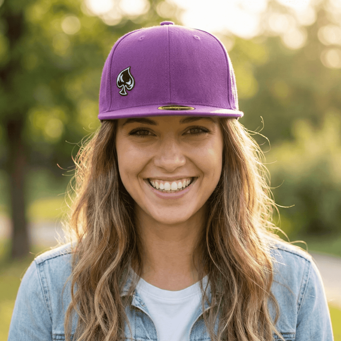 Ai generated picture of a woman wearing a purple hat with a spade logo