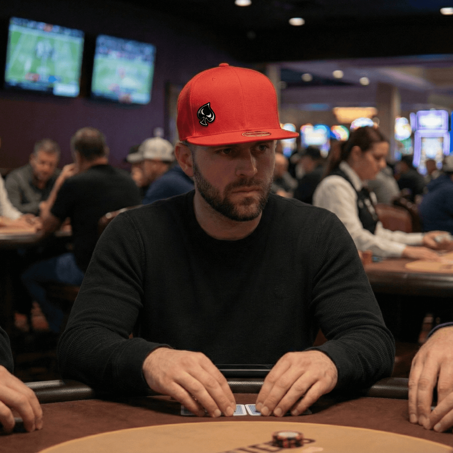 Ai generated picture of a man wearing a heather red hat with a spade logo