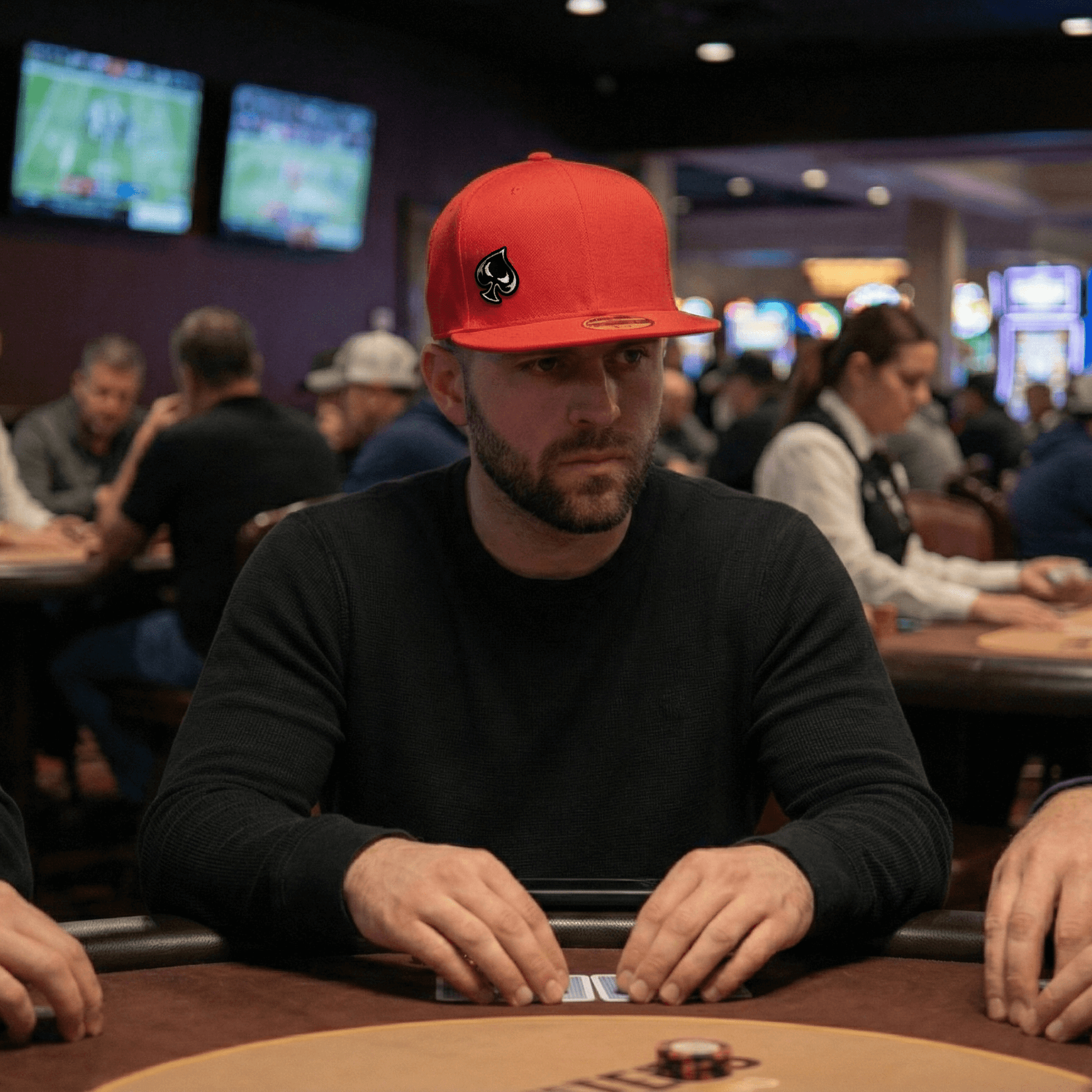 Ai generated picture of a man wearing a heather red hat with a spade logo